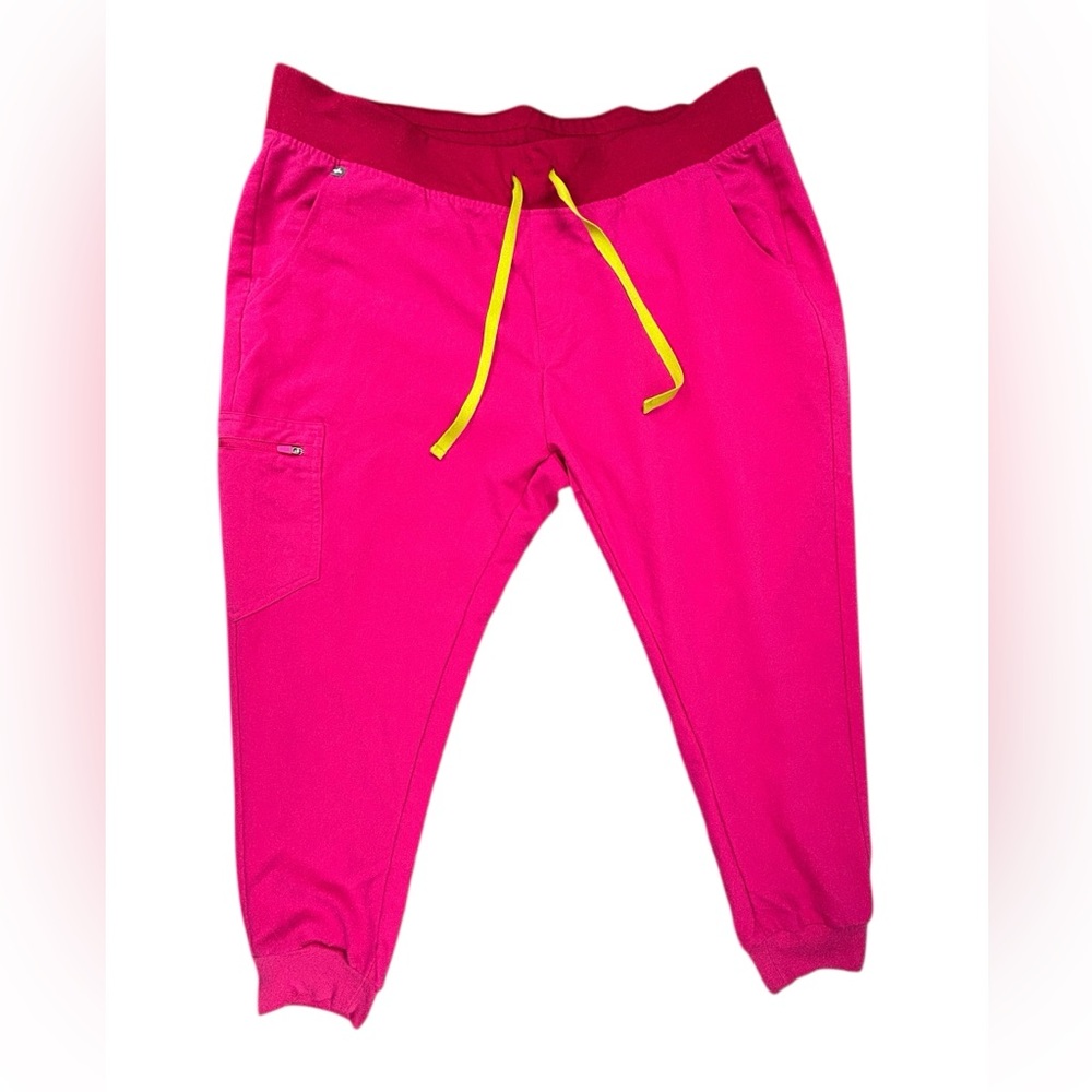 Figs Women's Hot Pink Jogger Scrub Pants with Yellow Drawstring